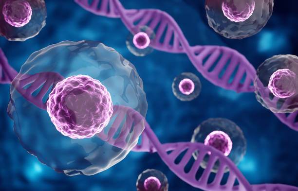 Research of stem cells. Stem cells with DNA structure under a microscope. Cellular Therapy. 3d-rendering